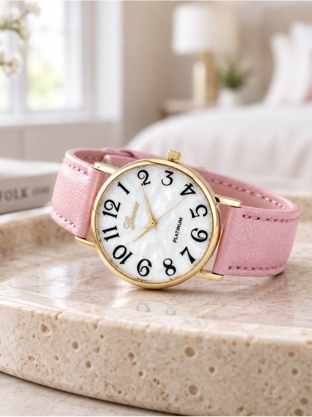 2394-176 Geneva Pink Leather Strap Watch with Gold Case